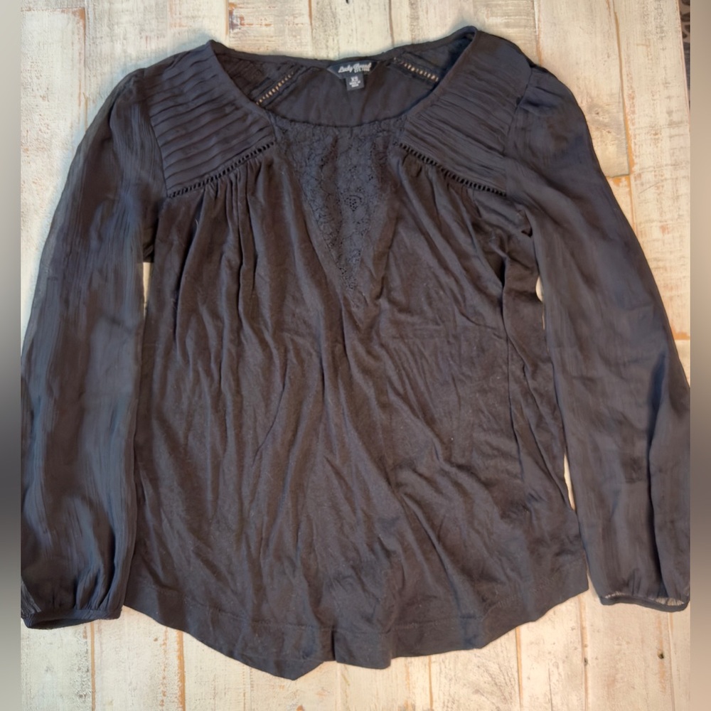 Lucky Brand Black Boho Lace Detail Long Sleeve Peasant Blouse